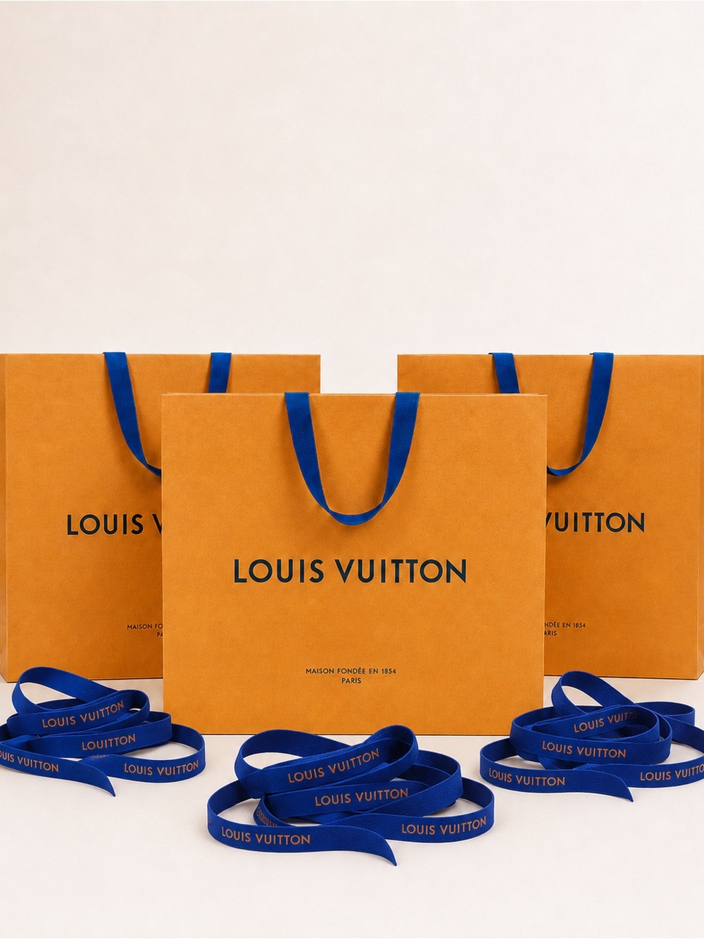 3 Medium Louis Vuitton Orange Shopping Bags + Ribbons